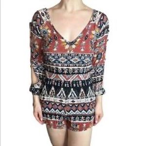 Billabong Tribal Terracotta Romper Boho Open Back w/Tie Brown Black White Size S